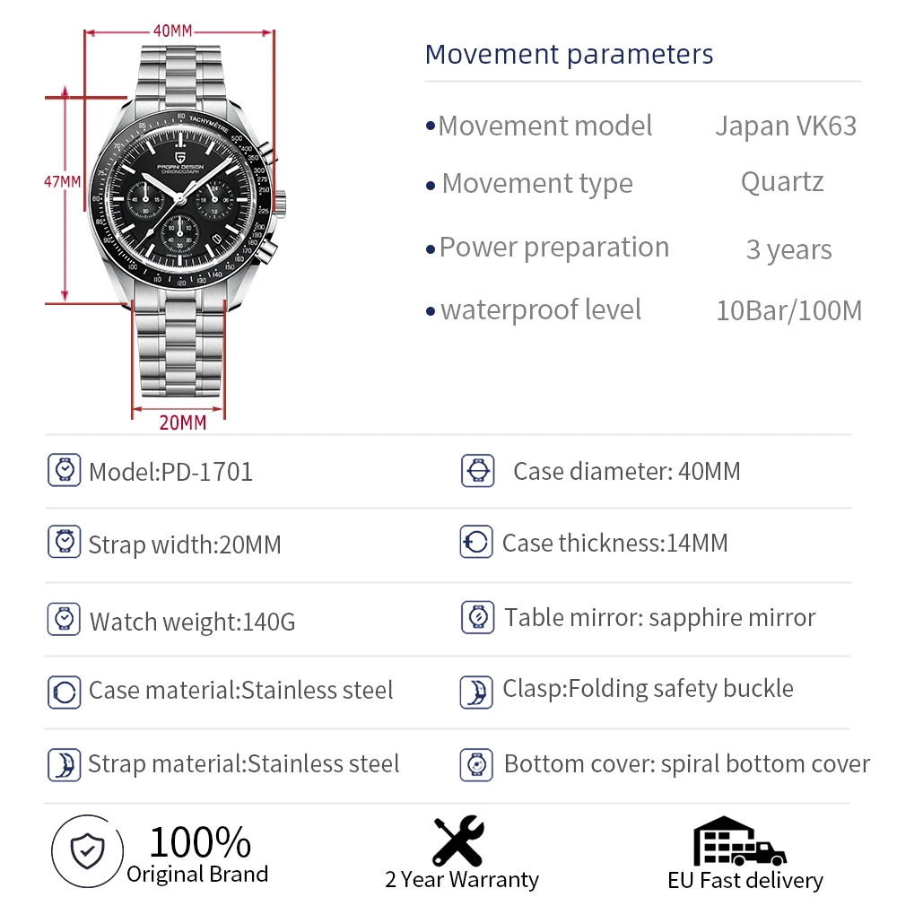 PAGANI DESIGN Moon Watches 2024 New Luxury Quartz Watch men Auto Date Chronograph AR Sapphire crystal 100M Waterproof Wristwatch