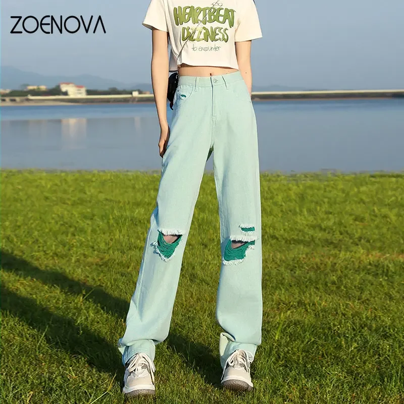 ZOENOVA 2023 Loose Straight Cut Torn Slim Fit Fashion Color Series Ripped Wide Leg Streetwear Hotsweet More Than A Pocket Pants