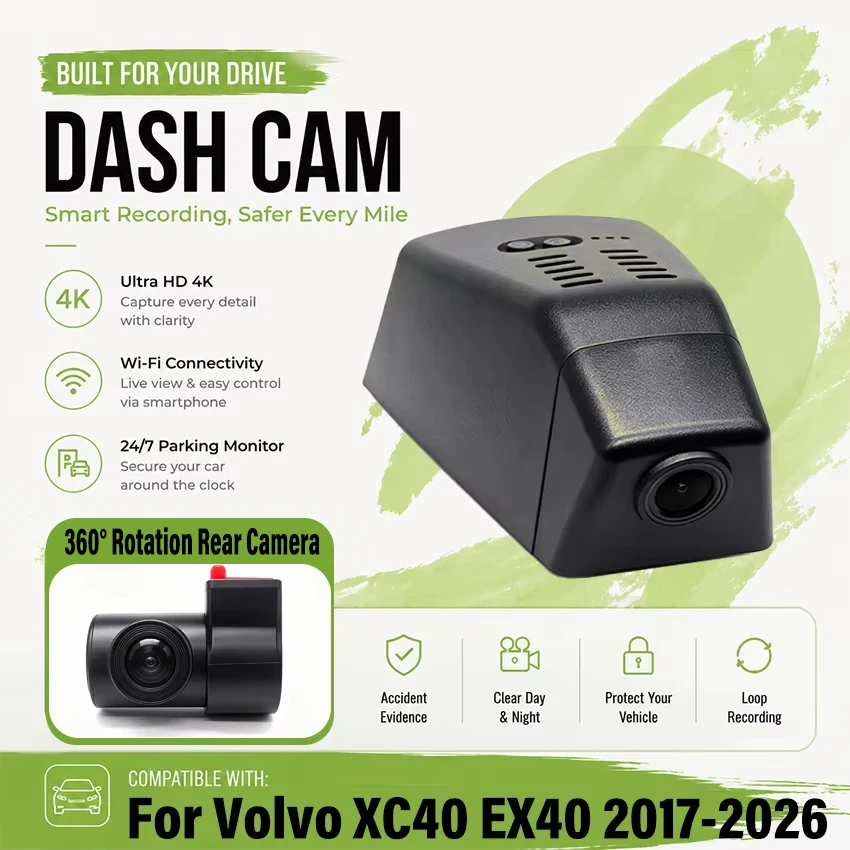 Dedicated 4K Dash Cam For Volvo XC40 EX40 2017-2026 (Model A/B) Car DVR WiFi & APP Plug and Play DashCam Camera