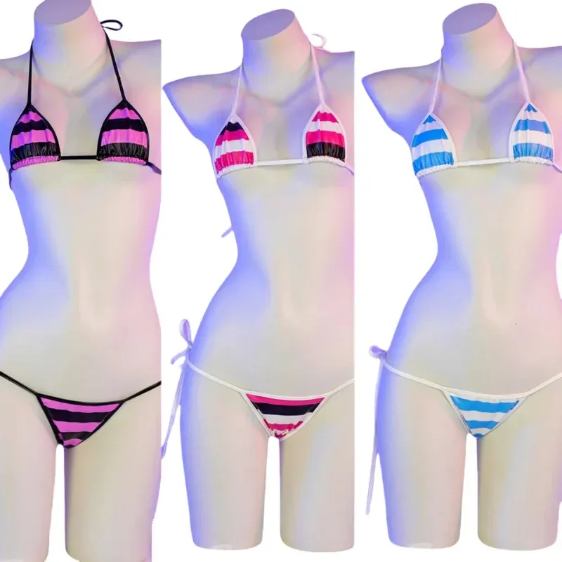 Сексуальный комплект бикини для косплея в стиле аниме, женское нижнее белье на бретелях, черная роза, красная полоска, милое нижнее белье, микро-бикини, купальники, японская школьная одежда