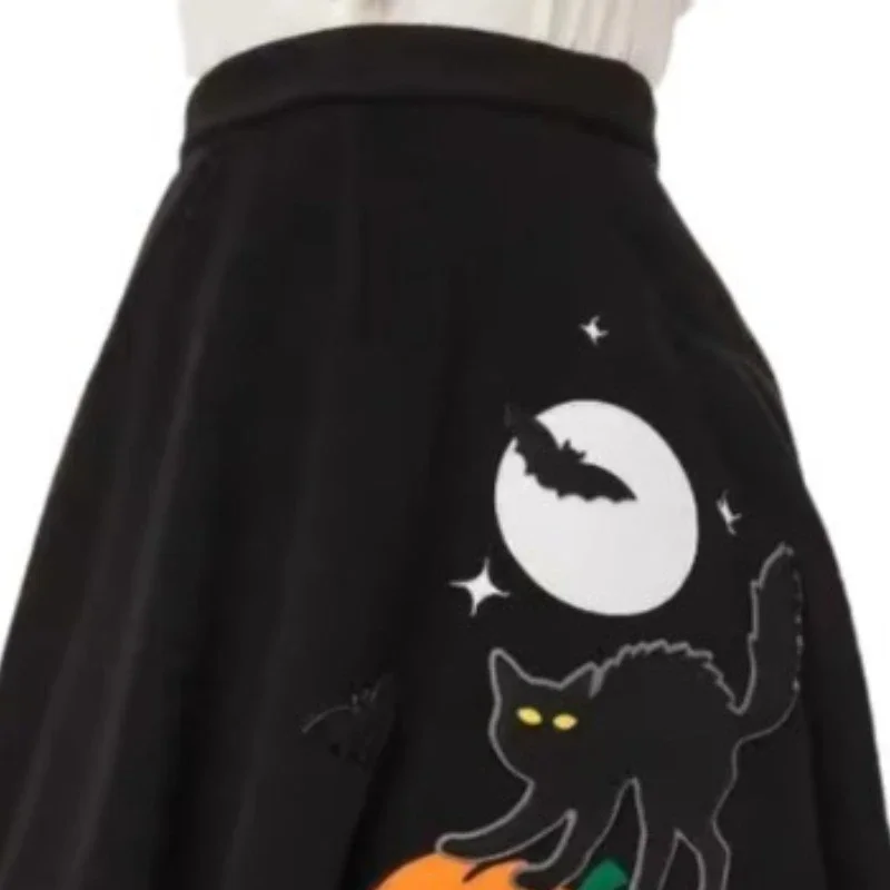 2025 New Retro Pumpkin Head Cat Moon Printed Large Swing Skirt Harajuku Vintage Style Casual High Waist Skirts Fashion Women's