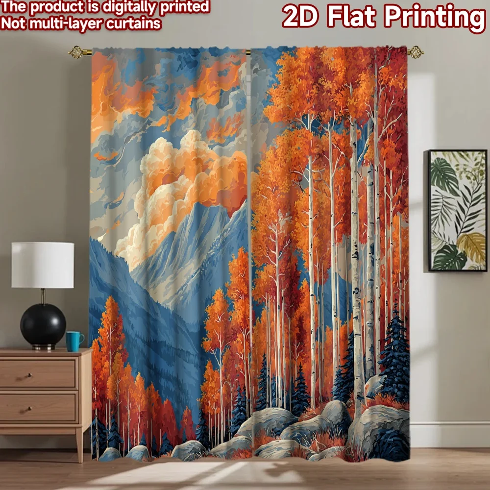 

2D flat printing 2pcs Curtains Autumn Forest Mountain Landscape Digital Printed Polyester Drapes Festive Holiday for Home Wall