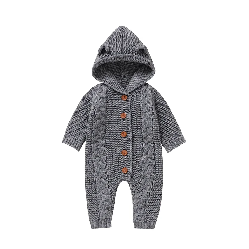 Kids Boy Girl Button Up Jumpsuits Outfits Toddler Outwear Clothes Baby Romper Long Sleeve Spring Autumn Solid Hooded Knit Infant