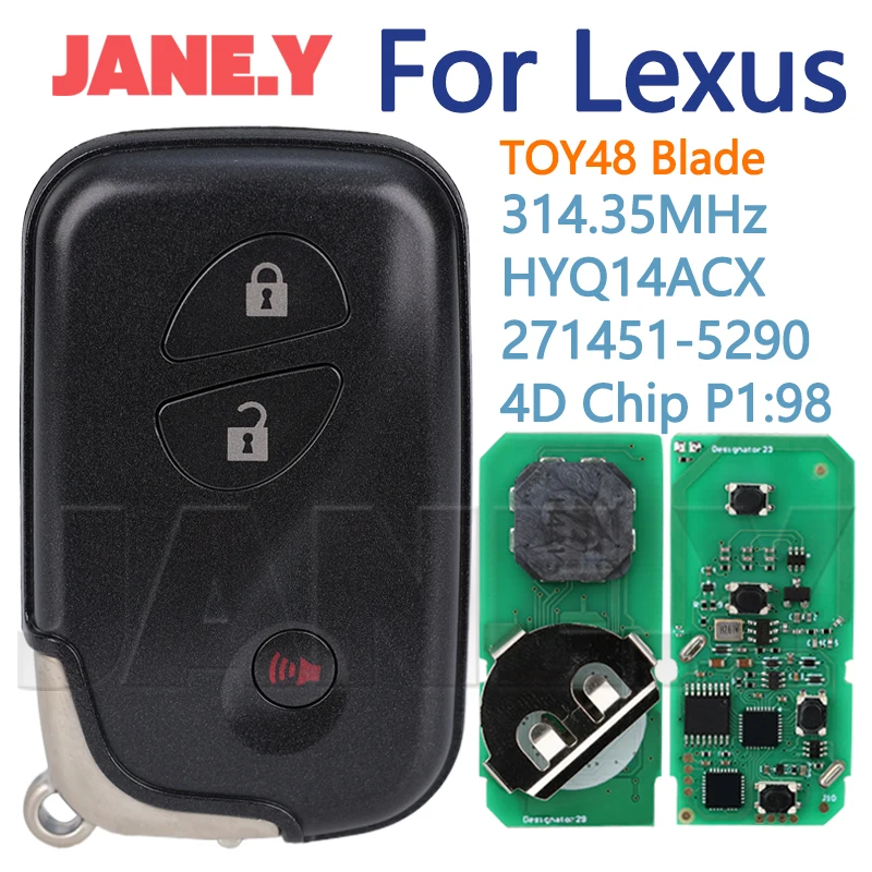 Car Remote Control Key For LEXUS RX350 CT200h FCC ID: HYQ14ACX 271451-5290 Board TOY48 Blade 314.35MHz 4D Chip P1:98 Keyless Go