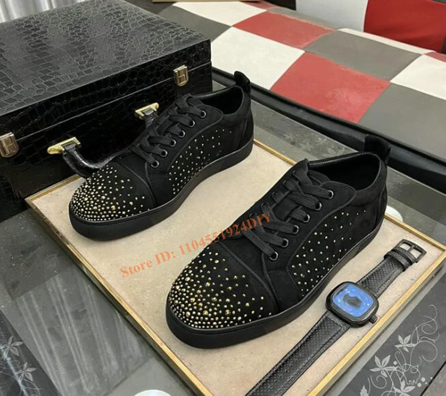 

Suede Leather with Rhinestone Lace Up Sneakers Man Round Toe Lace-Up Rivet Flat Shoes for Man Slip On Party Shoes Male Flats