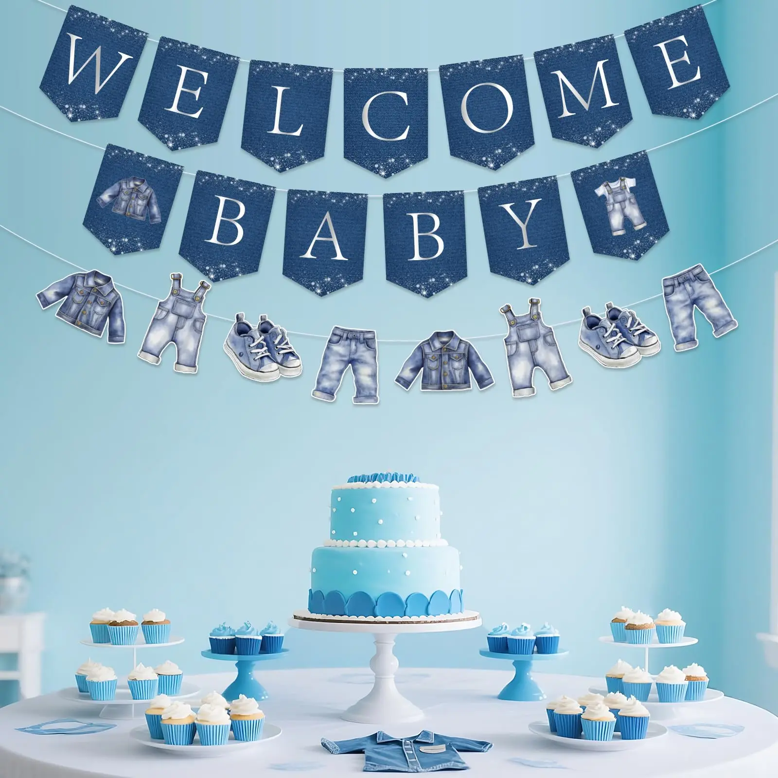 Pre-strung Blue Jean Baby Themed Hanging Banner for Kids Boys Welcome Baby 1st Birthday Baby Shower  Gender Reveal Party Decor view 3