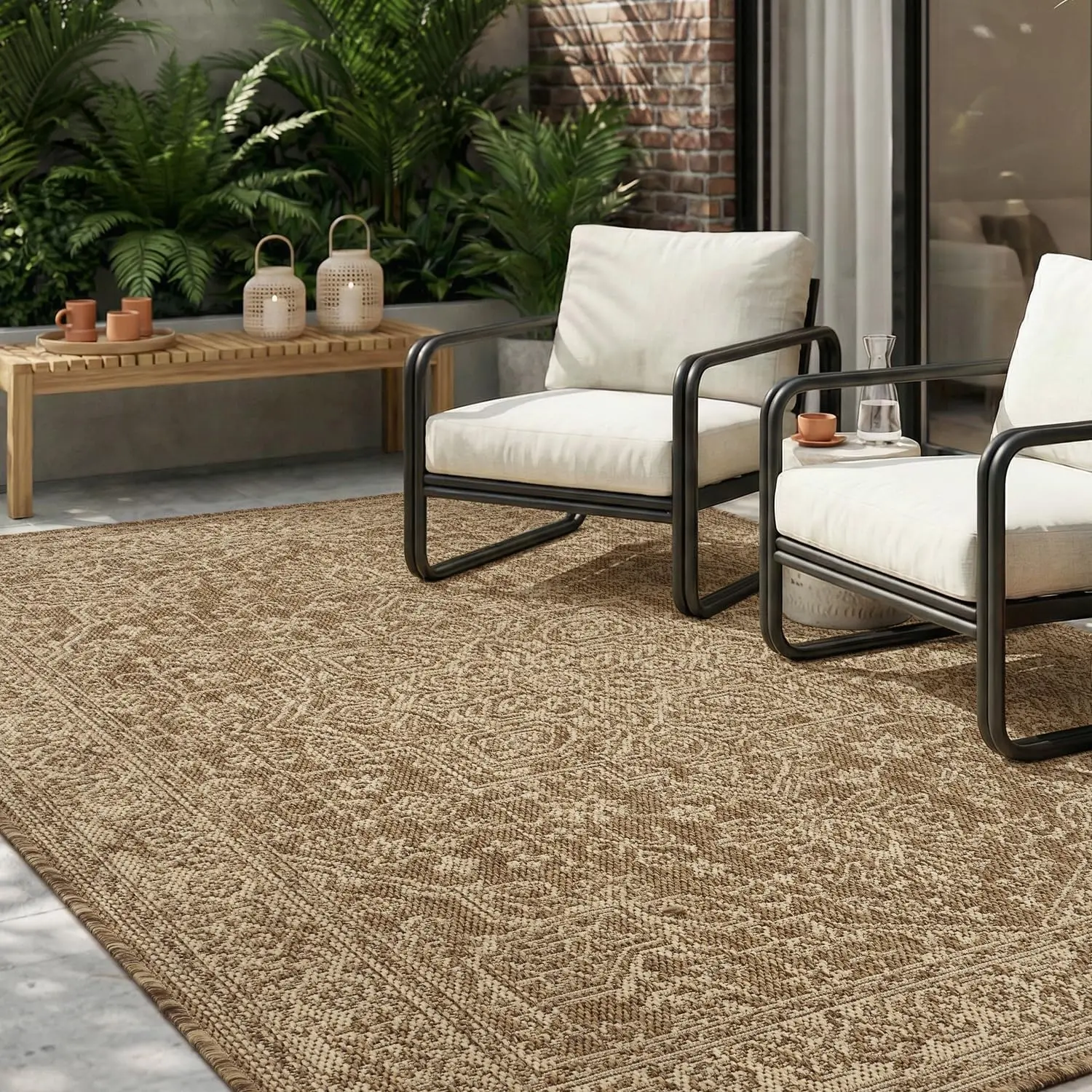 

-Outdoor Rug-Patio Rug 5x7 ft Polypropylene Indoor Outdoor Rugs Carpet for Patio Deck Balcony Porch, Textured Weave, Durable