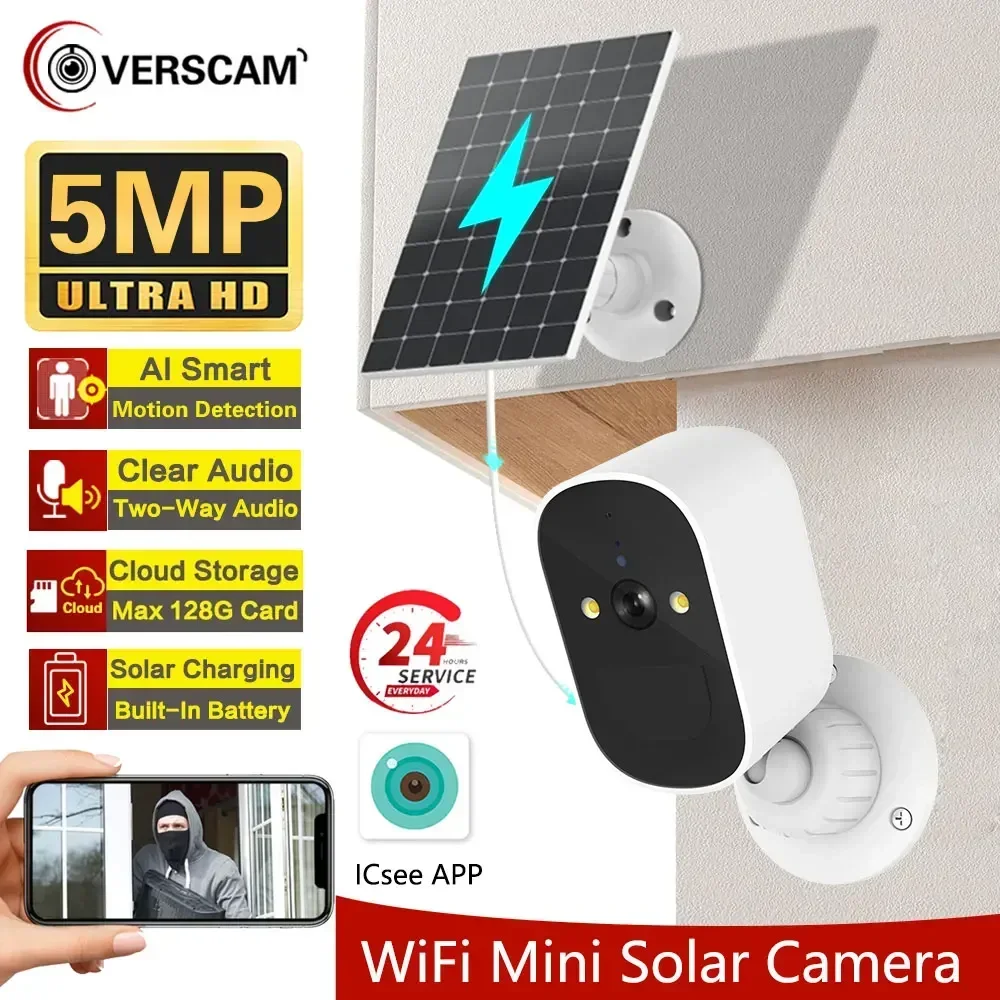 

5MP WiFi Camera Solar Outdoor Wireless Battery Powered Bullet Security Camera PIR Motion Alarm Cloud Storage Two Way Audio