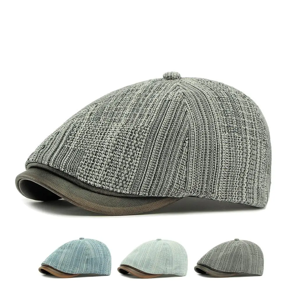 

Unisex All-Season Retro Beret - Washed Polyester Striped Hat (56-60cm) with Spliced & Color Block Brim