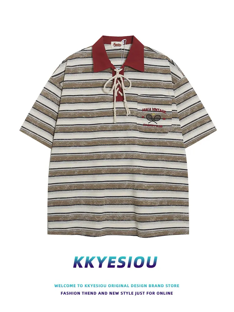 

Футболка KKyesiou в американском ретро-стиле, полосатая, с коротким рукавом, оверсайз, для пар, разноцветная, хлопковая