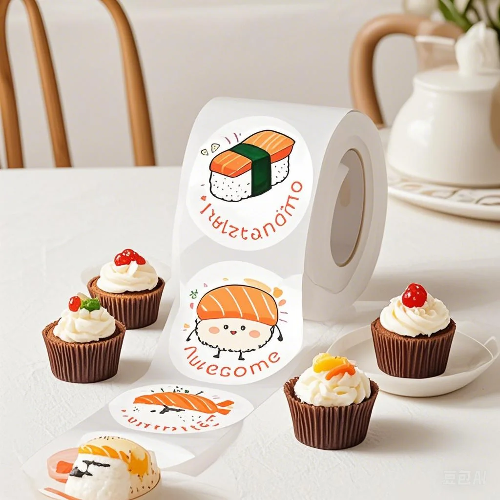 1Roll /500sheets Birthday Wedding Decor Sticker Baked Dessert Lunch Box Label Sticker Circular Cartoon Sushi Pattern Sticker