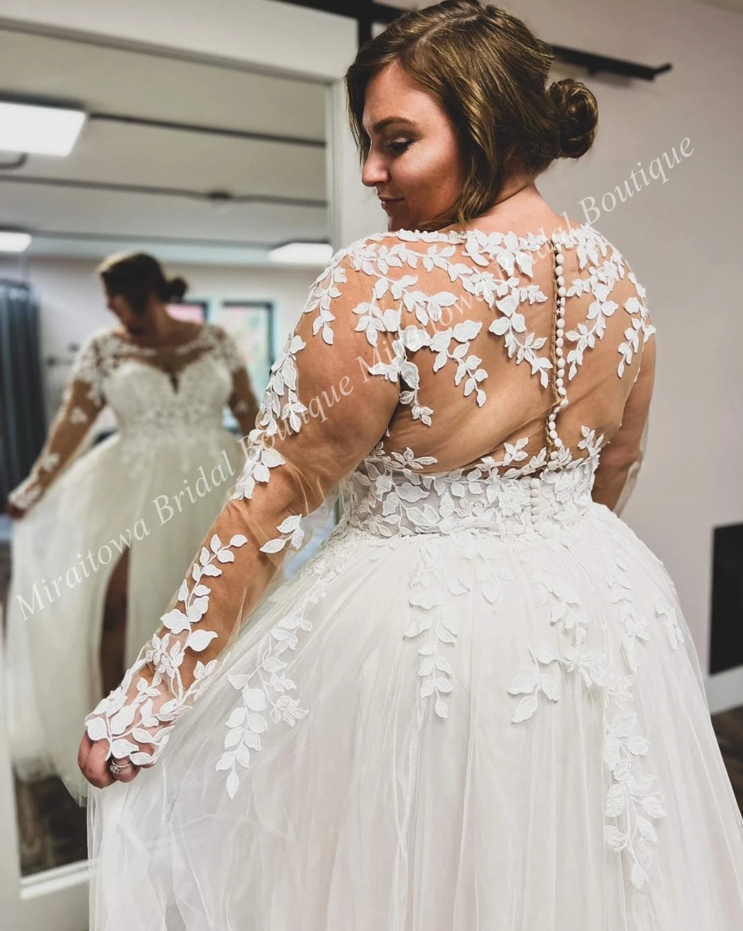 Vestido de casamento com mangas compridas, pescoço ilusório em linha A, boho, vestido de noiva moderno ao ar livre para noivas, trem de varredura longo, tamanho grande, 2024