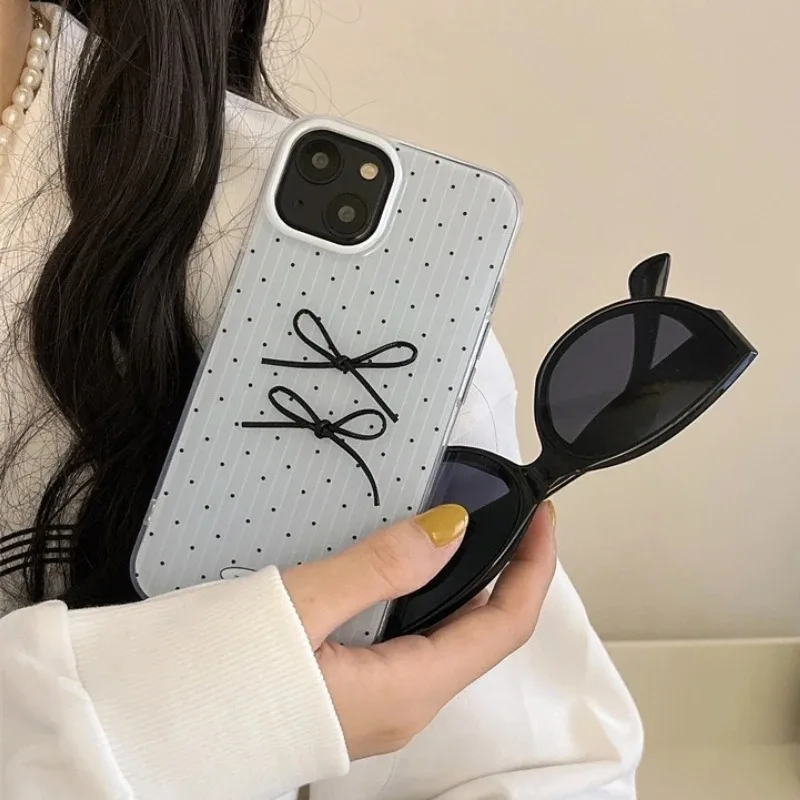 

Korea Fashion Blue Polka Dot Bow Pattern Phone Case For IPhone 17 16 15 14 Pro Max 13 Anti Drop Shockproof Back Protective Cover