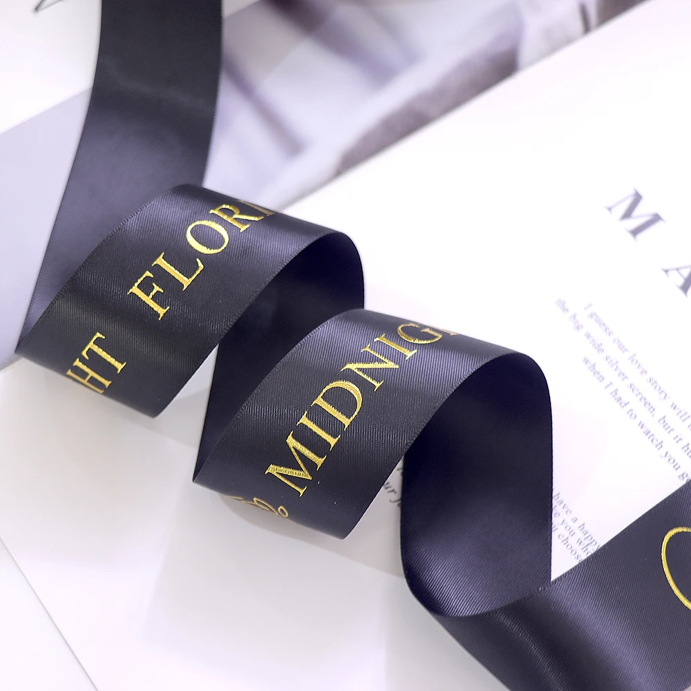 

Custom Logo Hot Stamping Foil Printed White Satin Polyester Ribbon for Gift Wrapping ,Gold and Silver Texture, 100 yard/lot