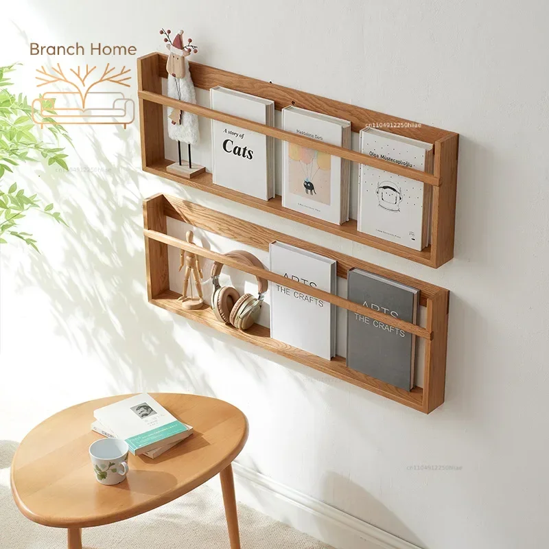 Wall-Mounted Solid Wood Bookshelf Oak Moisture-Proof Magazine Organizer for Living Room Display Stylish Storage Rack