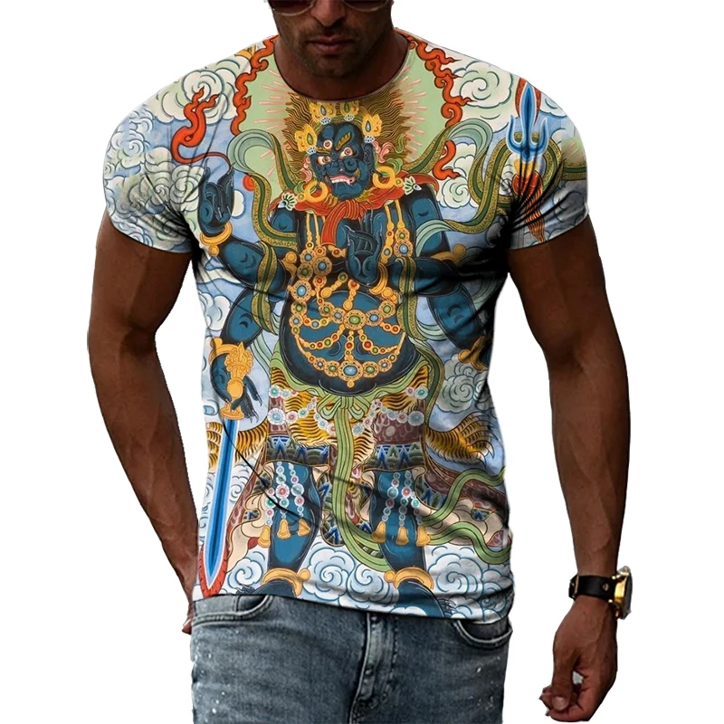 China Dunhuang Mural Graphic Shirt 3D Harajuku Print New Summer Retro Art Casual Short Sleeve Top For Men And Women Personality