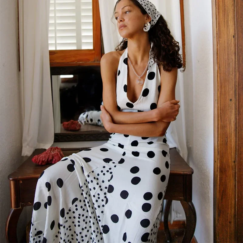 

Black Polka Dot Off Shoulder Neck Strap Dress V Neck Backless Spliced Montage Long Dresses Women Summer Beach Party Evening Gown