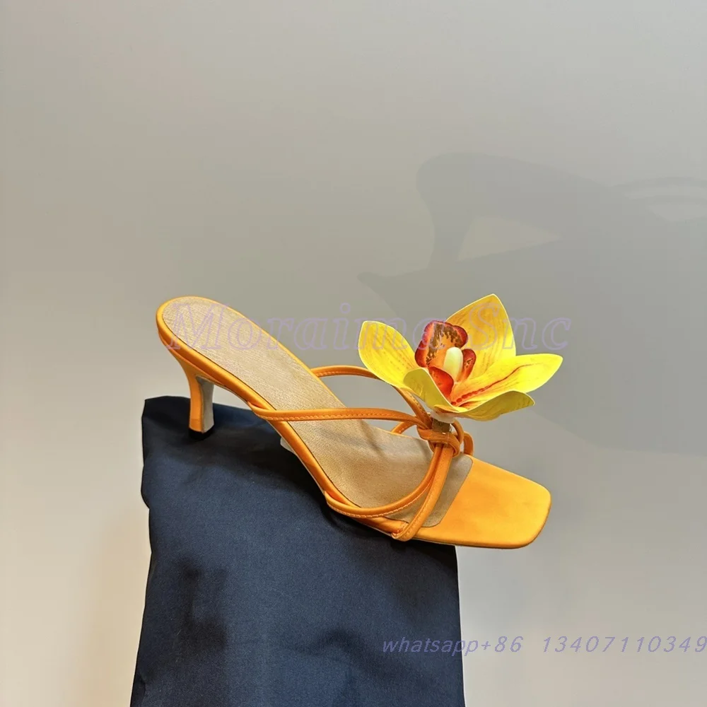 

Phalaenopsis Decor Square Toe Slippers Thin Mid Heel Narrow Band Slip On Sexy Fashion Women's Summer Slides Orange Solid 2025