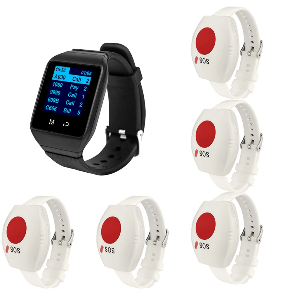 Wireless Waiter Calling System Vibration Watch Pager Receiver 5 Pcs Waterproof Call Bell Buttons for Cafe Service Paging System