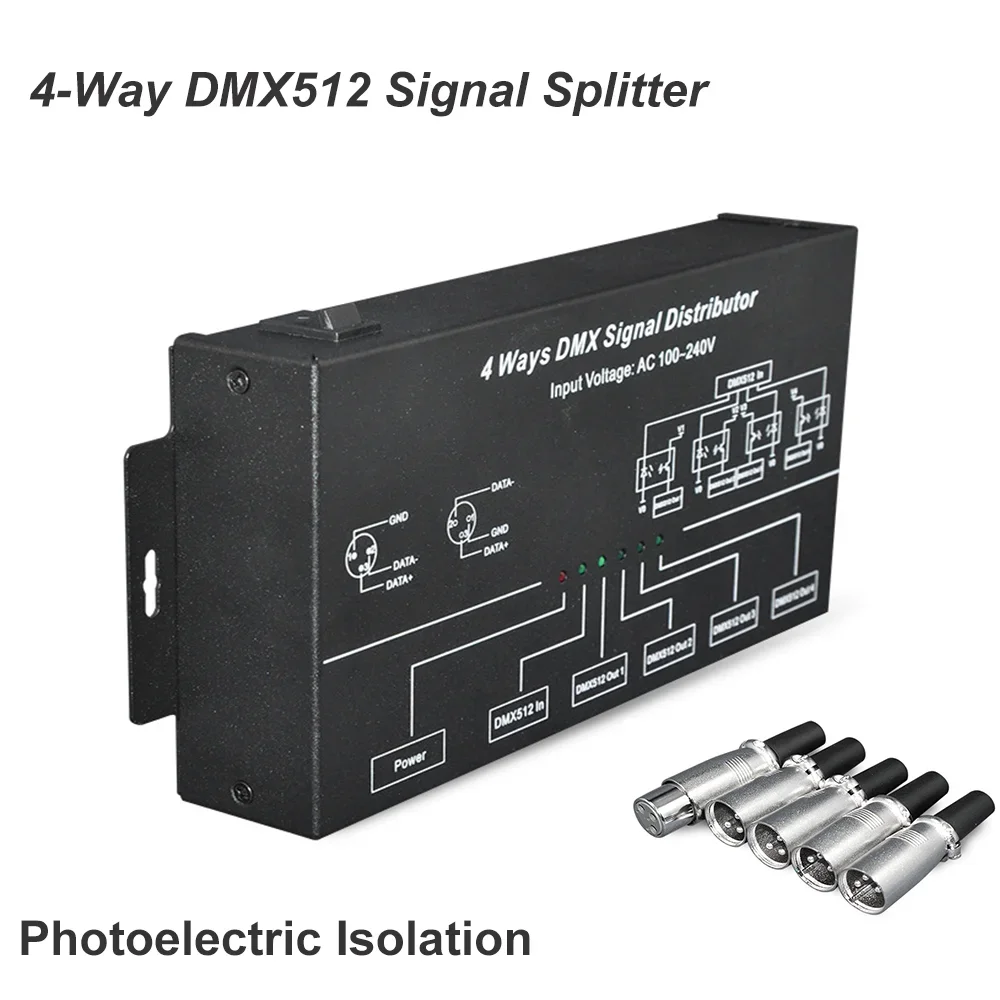 

4-канальный разветвитель сигнала DMX512, 4-полосный оптоэлектронный усилитель сигнала изоляции для сценического освещения