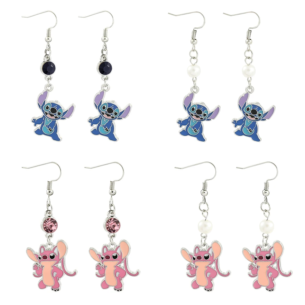 Cute Stitch Angel Drop Earrings Girl Boy Comic Classic Jewelry Pretty Blue Enamel Small Crystal Anime Earrings for Women Gift