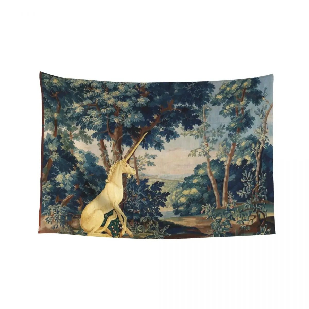 

UNICORN IN WOODLAND LANDSCAPE AMONG GREENERY AND TREES Tapestry Wall Decoration Items Tapestry