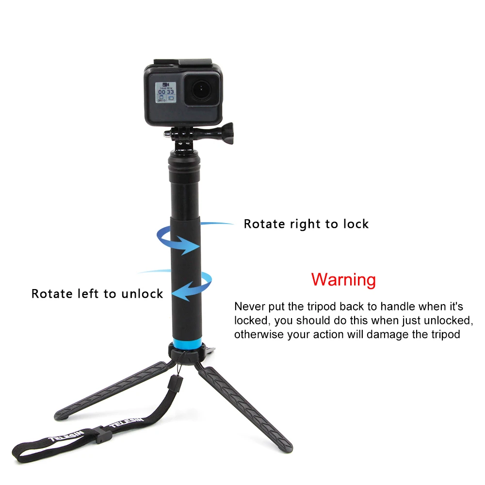 TELESIN For GoPro Selfie Stick Foldable Tripod Phone Holder Aluminum Alloy Monopod for DJI Action Insta360 Smartphone