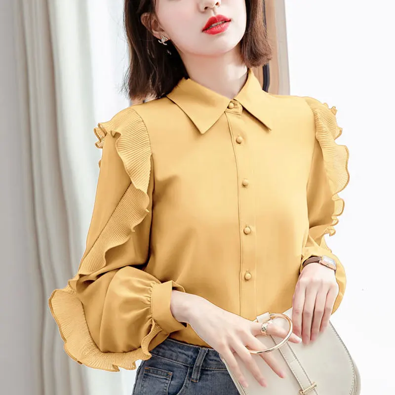 Office Lady Stylish Ruffles Patchwork Blouse Commute Single-breasted Female Clothing Turn-down Collar Spring Autumn Loose Shirt