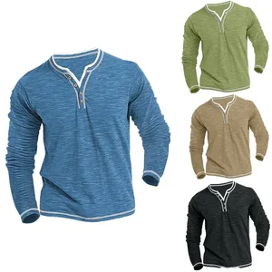 Camiseta casual com decote em v masculina, de mangas compridas, macia, elástica, algodão, pequena, confortável, camisa Henley, outono, inverno, nova 10 principais vendas camisa henley manga longa - №6