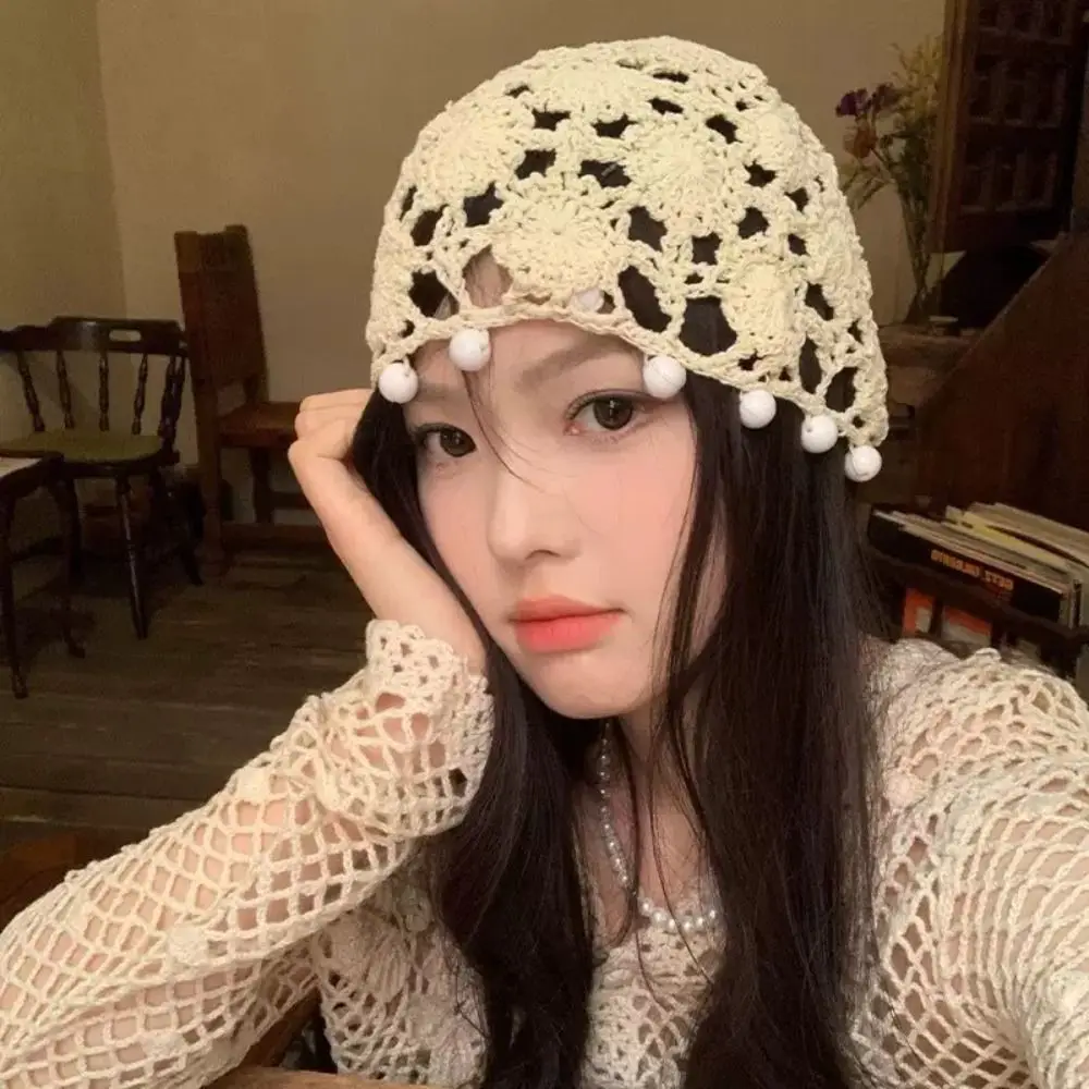 

Fashion Sweet Crochet Hollow Knitted Hat Beads Tassels Flower Knit Beanies Handmade Hollow Out Ethnic Style Hat Girls