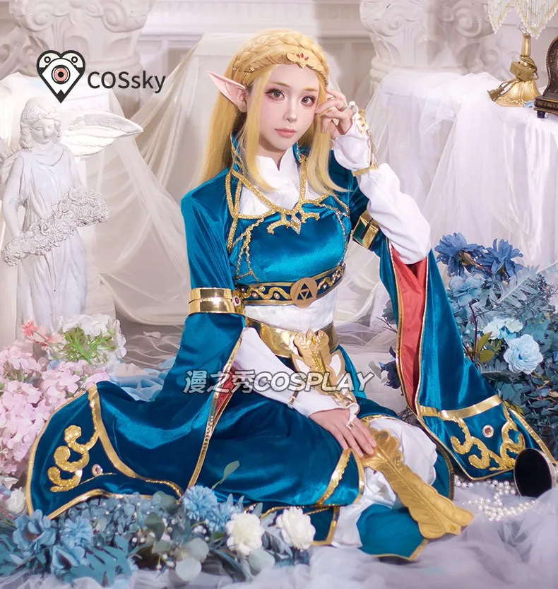 Women Blue Velvet Princess Elegant Dress Cosplay Zelda Costume Halloween Carnival Fancy Fantasy Uniform Wig Prop Game XS-XXXL view 2