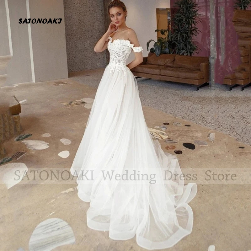 

Elegant Simple Off the Shoulder Lace Wedding Dresses for Women A-Line Sweep Train Backless Bride Gown Vestidos De Novia Custom