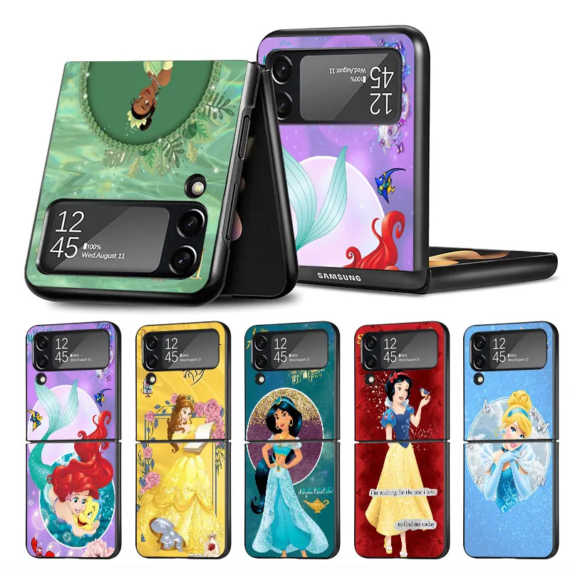 Funda For Samsung Galaxy Z Flip 3 4 5G Flip3 Flip4 Case Black PC Hard Luxury Back TPU Phone Cover Disney Pretty Princess