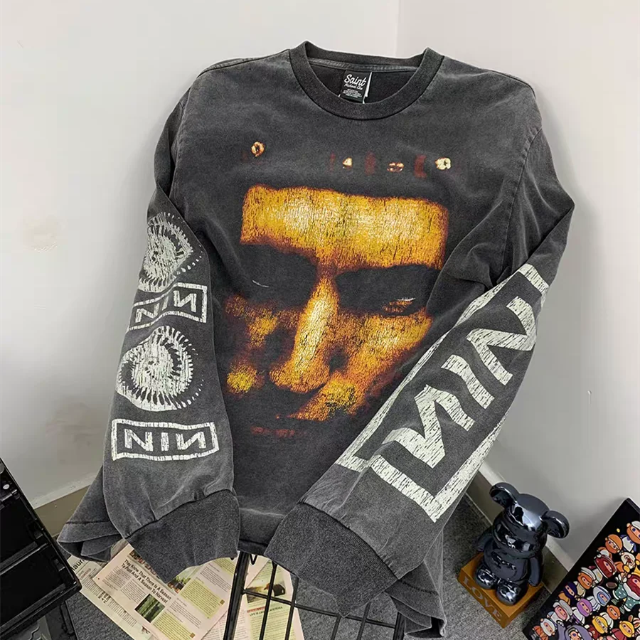

Nice Washed Saint NIN Nine-inch Nail Long Sleeves T-shirt Men Women Best Quality Heavy Fabric 25fw Tops Tee T Shirt
