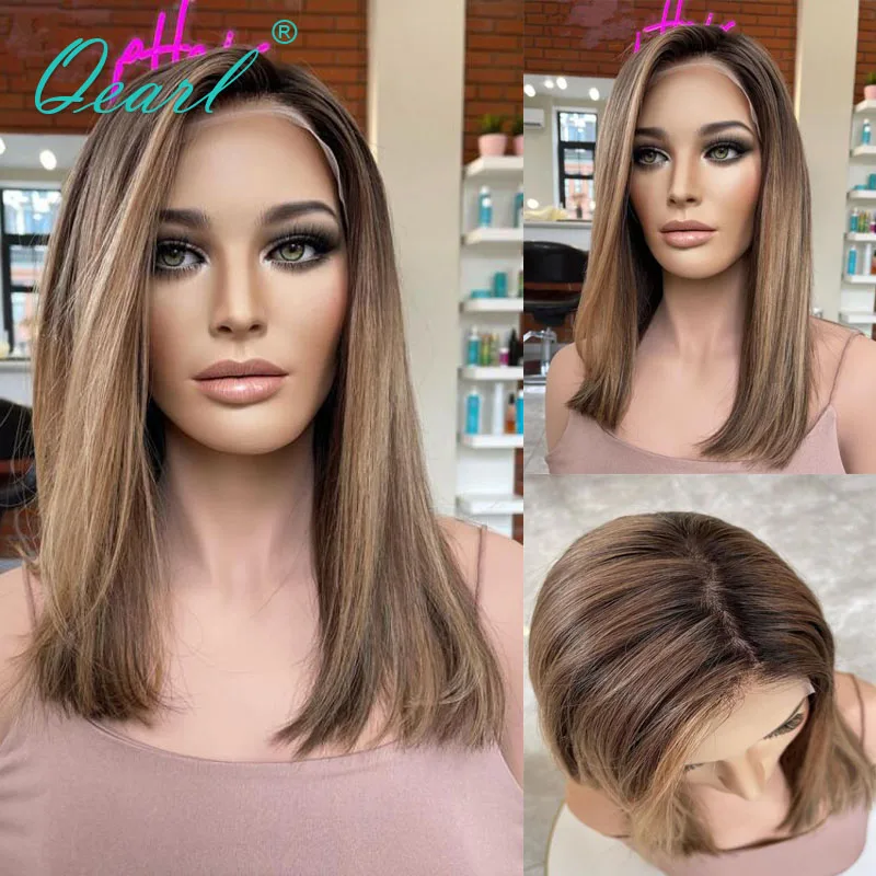 Peruca de cabelo humano feminino luz marrom mel loira hd laço frontal perucas sem cola pré arrancadas 13x4 bob peruca reta pequeno médio qearl