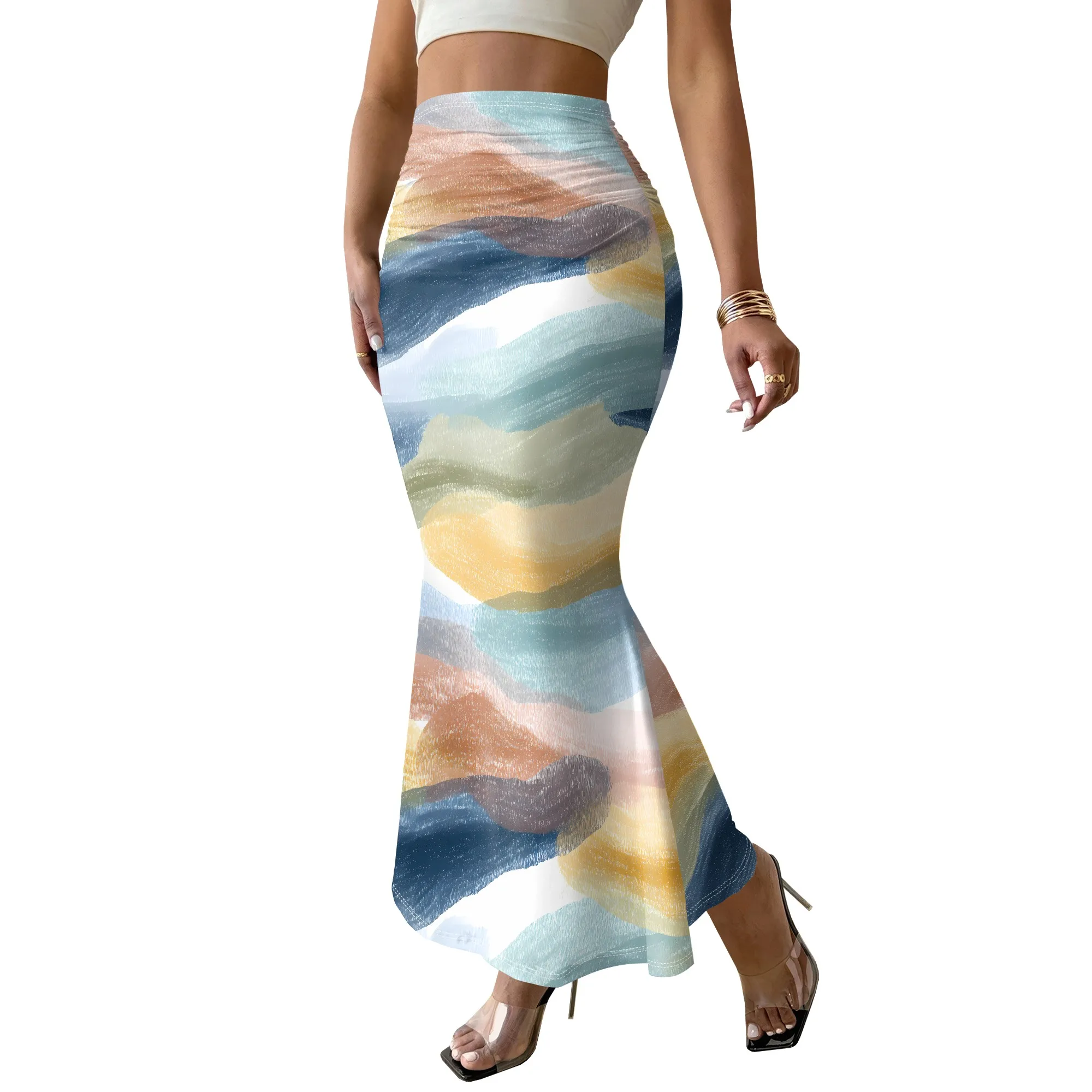 Abstract Print Mermaid Skirt, High Waist Bodycon Midi Skirt, Stretchy Beach Maxi Skirt, Women Summer Vacation Bottoms, S-3XL