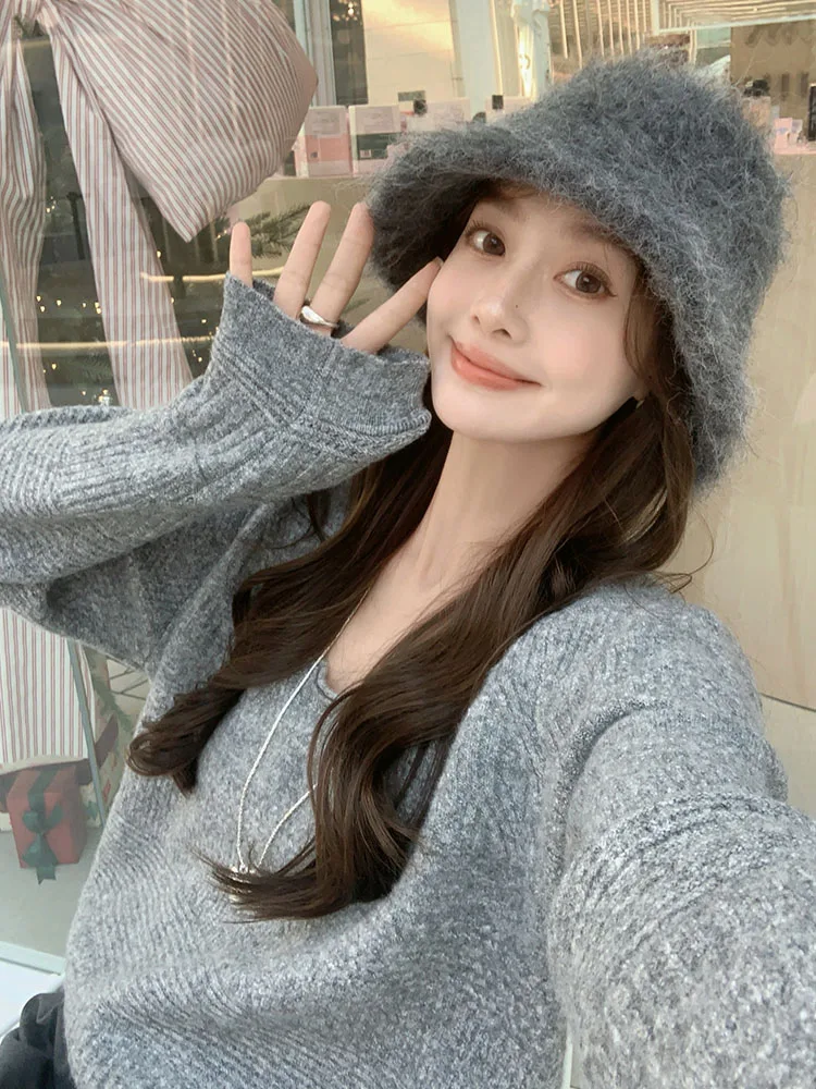 

MeiYang Soft Mist Sweater Small Glutinous Rice Loose Knitted Long Sve Crew Ne Color Polyester Fiber Commute Sle