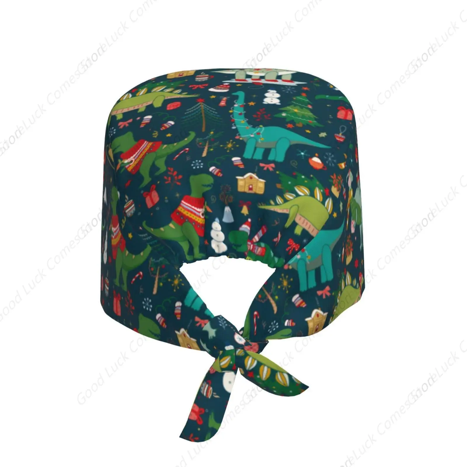 Dinosaur Christmas Happy New Year Working Cap Scrub Cap with Sweatband Adjustable Unisex Women Tie Back Hat Nurse Surgical Caps