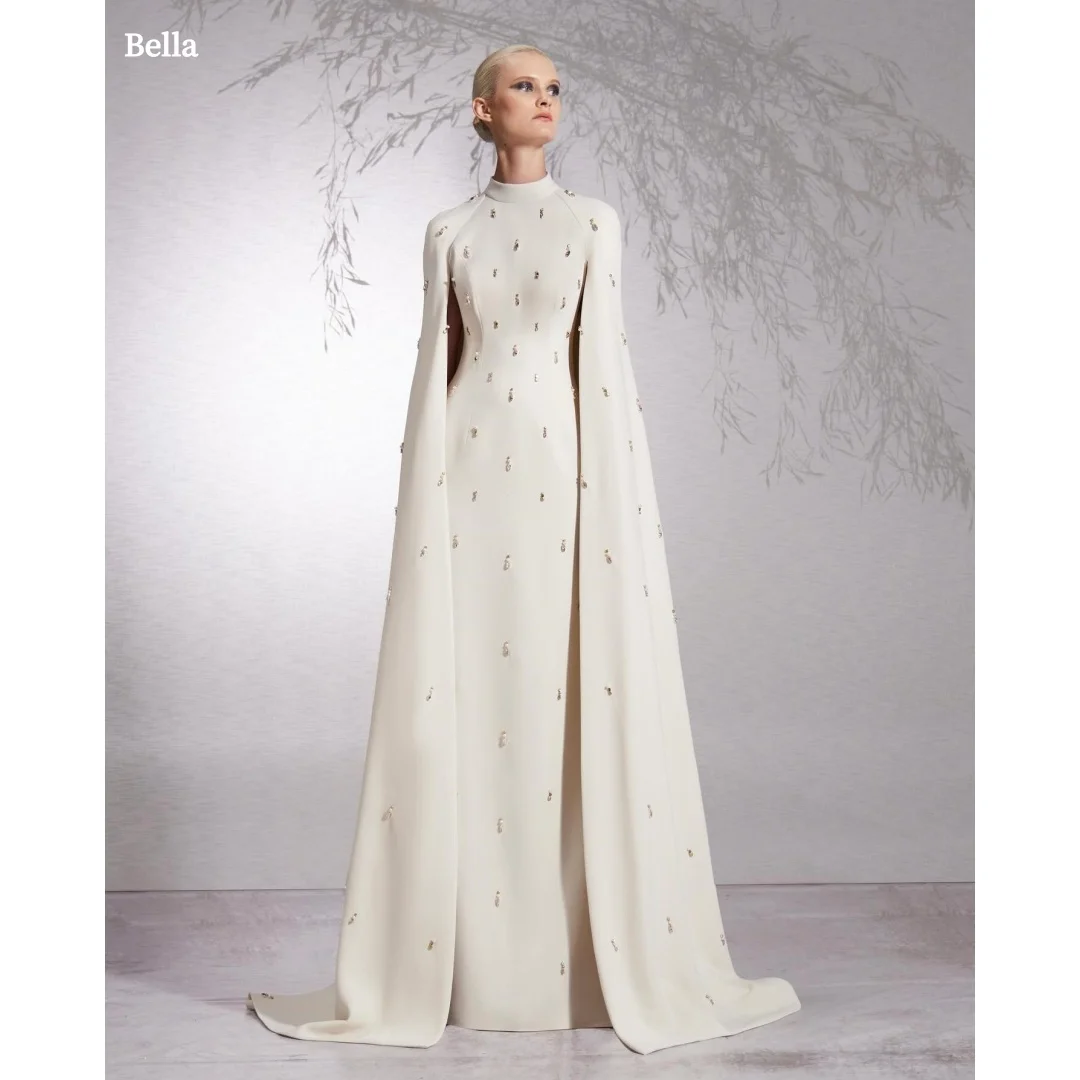 

Bella Индивидуальный лиф цвета слоновой кости с высоким воротом, нежная прикрашенная струящаяся накидка, атласное вечернее платье длиной до пола, 2025