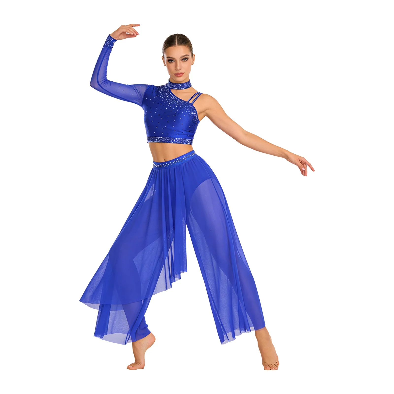 

Women Lyrical Modern Dance Costume Asymmetrical Shoulder Rhinestone Crop Top with Pants Adult Contemporary Performance Dancewear