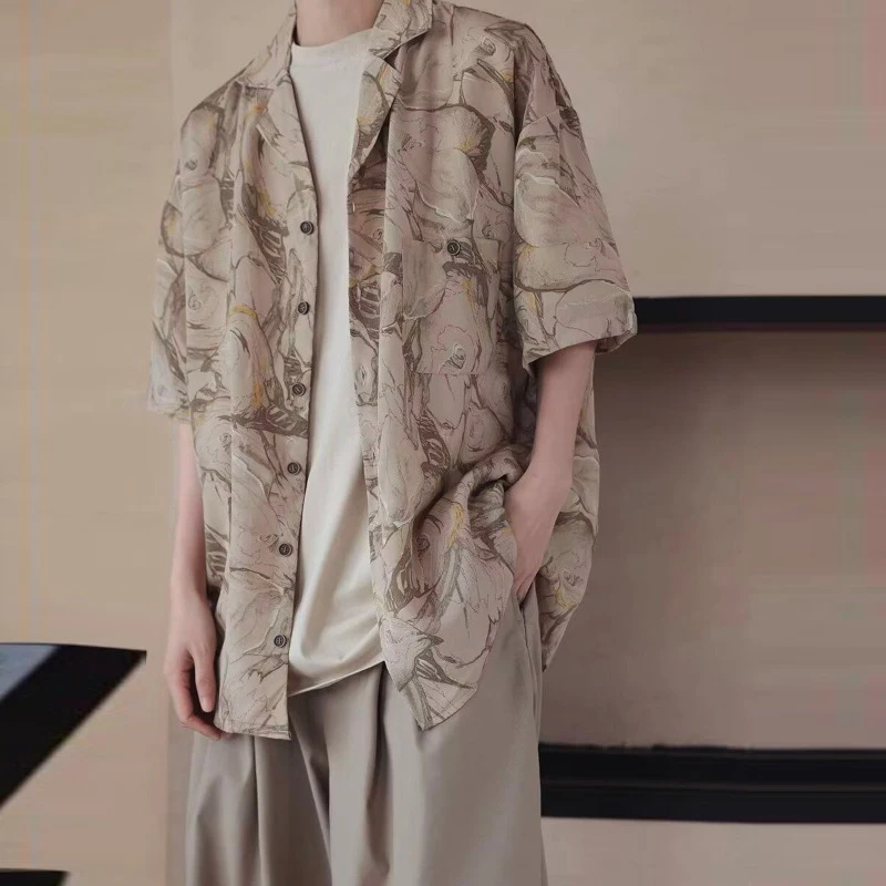 

Men's Trendy Vintage Print Cuban Collar Harajuku Streetwear Y2K Shirt Summer Youth Casual Short Sleeve Loose Tops Ropa De Hombre