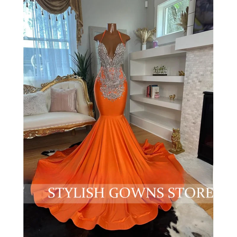 Laranja halter strass veludo sereia longo vestidos de baile vestido elegante para festa de casamento preto meninas noite personalizado