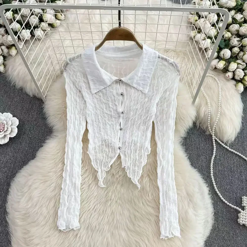 Shirts Women Slim Thin Folds Summer Sexy Sunscreen Long-sleeve Hotsweet Designed 2023 Newly Chic Camisas Korean Fashion Clothing