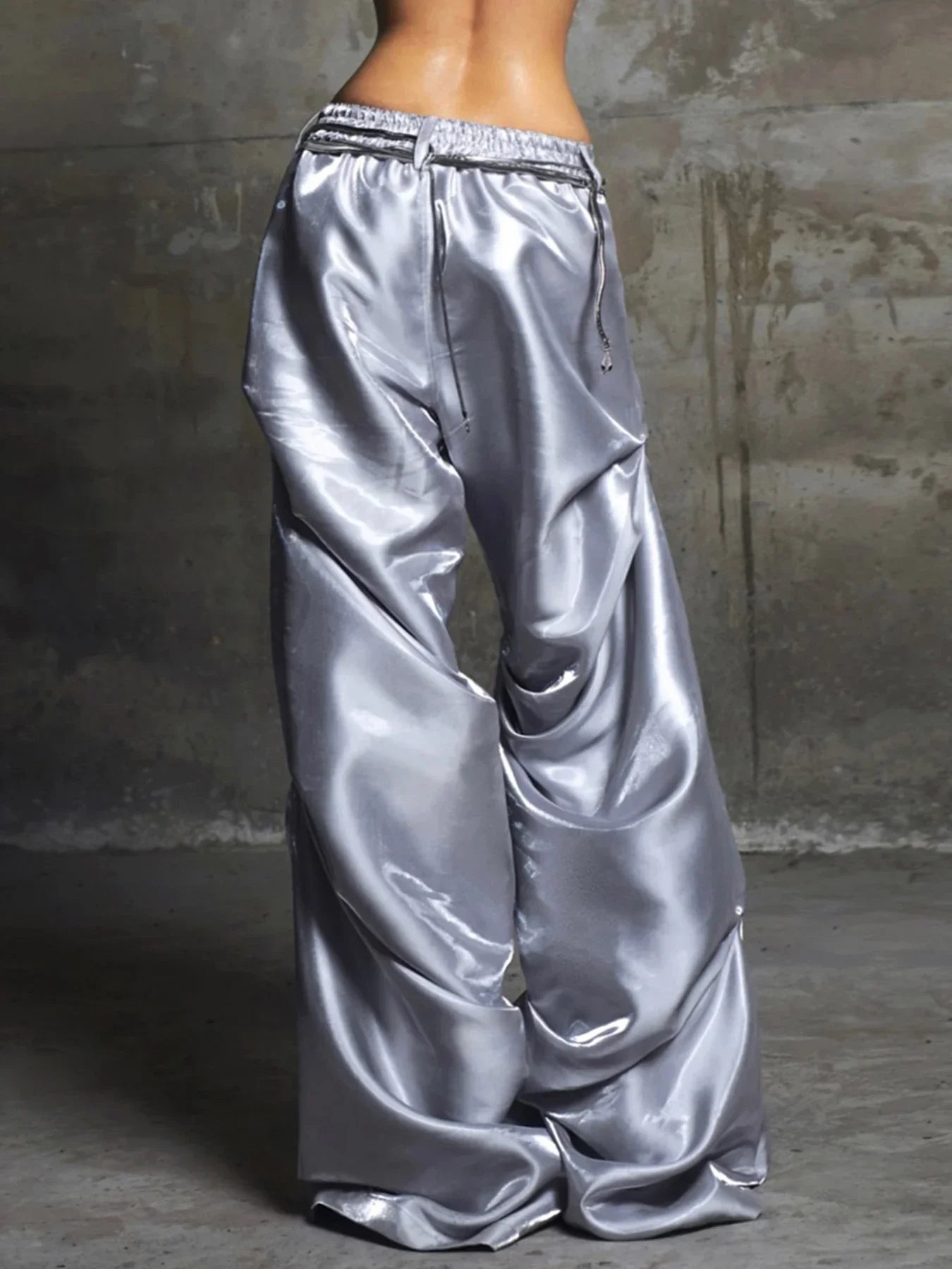 シックカジュアルサテンボタンルーズパンツファッション韓国原宿レディースパンツヴィンテージプリントY2Kグランジストリートウェア