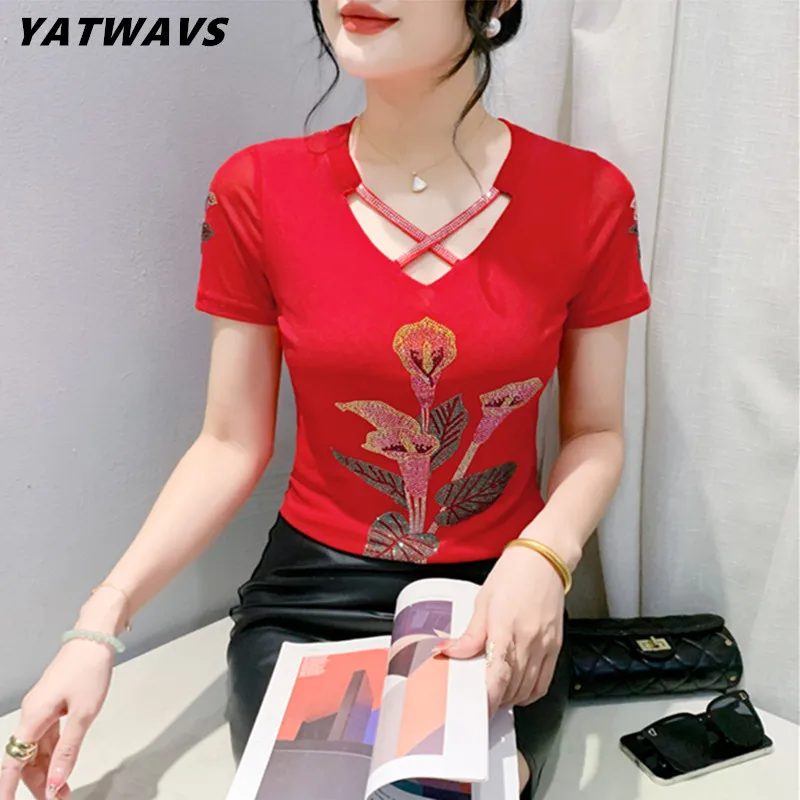 High Quality Summer Fashion Korean T-shirt Clothes Sexy Hollow Out Flower Diamonds Women's Tops Shirt Backless Embroidery Tees