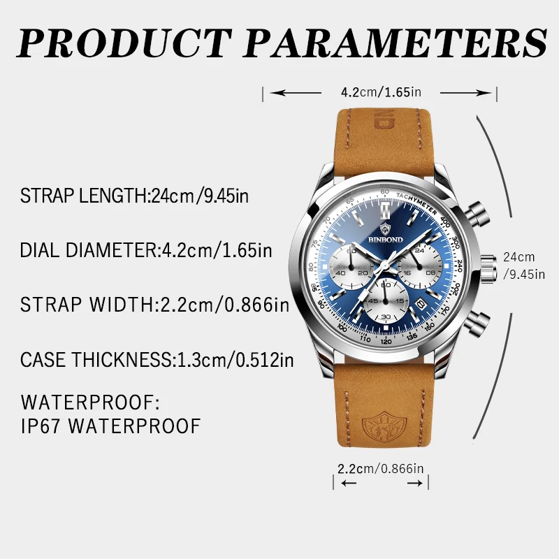 BINBOND B380 ساعة كوارتز جلدية فاخرة للرجال مضيئة مقاوم للماء موضة عادية متعددة الوظائف الموقت رجال الأعمال ساعة