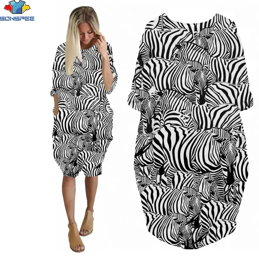 SONSPEE 3D Print Summer Ladies Dress Fun Animal Black White Striped Zebra Casual Fashion New Creative Wild O-neck Pocket Skirts