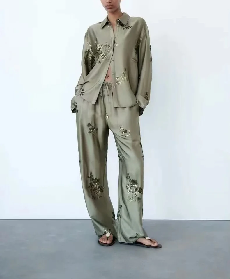 

Весенний новый модный комплект, украшенный блестками, шелковый атлас, длинные брюки с высокой талией, женский ансамбль из смеси хлопка