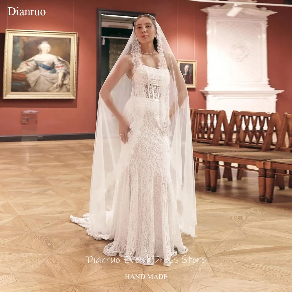 Dianruo No Veil Strapless Handmade Wedding Dresses Illusion 2026 Vestido Novia Civil Lace Appliqués Robe De Mariée Customized