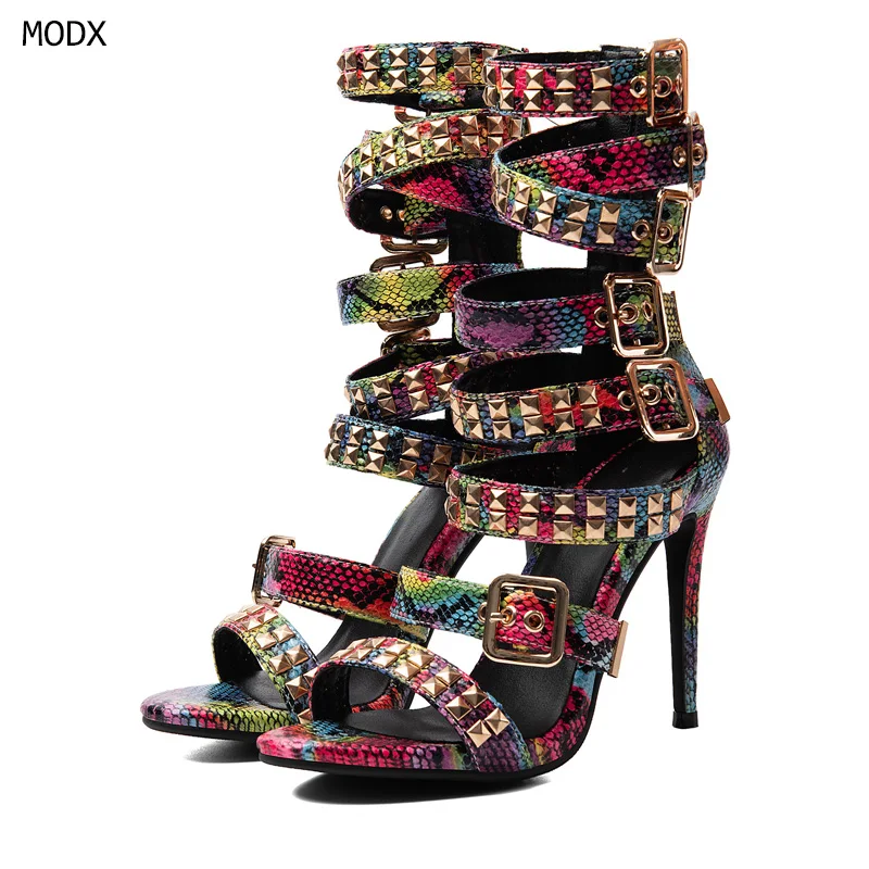 Summer Fashion Golden Rivet Leather Straps Women Open Toe Sandals Ladies High Heel Zipper Back Roma Style Sandals Size 47